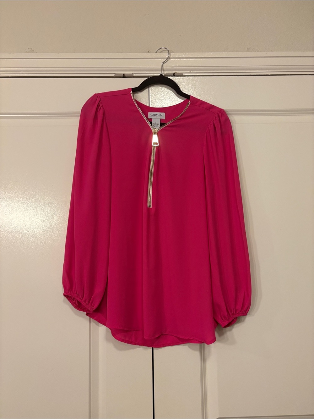 Carmen Marc Valvo Fuchsia Long-Sleeve Zip Front Blouse